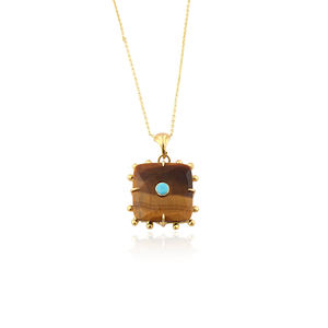 Pendentif carré en œil de tigre naturel, dernier design, avec accent turquoise et breloque sertie, collier perlé plaqué or 18 carats, création de designer. - Product Image 1