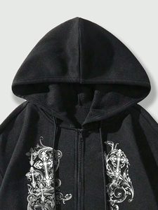 Men's Black <b>Gothic</b> Zip-Up <b>Hoodie</b> Regular Fit Solid Pattern Regular Sleeve Knitted Cotton Fleece Winter Wear Quick Dry Breathable - Product Image 5