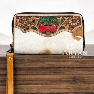Cartera Larga de Cuero Genuino con Diseño Floral Cereza y Protección RFID, Hecha a Mano, con Espacio para Múltiples Tarjetas, para Mujer - Product Image 1