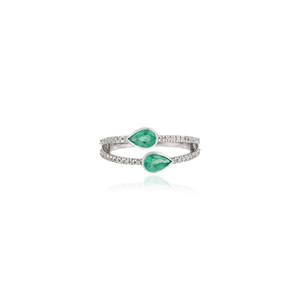Nouveautés : Bague double bande tendance en émeraude taille poire et diamant, faite à la main en or blanc massif 14 carats – Fabricant de bijoux en gros - Product Image 1