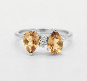 Women's <b>Citrine</b> Double Pear Gemstone <b>Ring</b> in Sterling Silver Accent Diamond Rhodium Plated Romantic for Engagement Wedding - Product Image 1