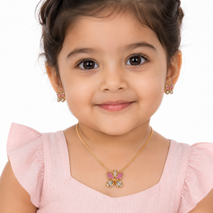 Ensemble de boucles d'oreilles pendantes papillon classiques en or rose 18 carats, pierres précieuses roses pour enfants, diamants, finition polie, cadeau de fête, bijoux de mariage - Product Image 1