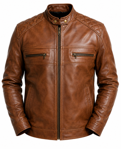 Men's Genuine Leather <b>Biker</b> <b>Jacket</b> Vintage Brown Motorcycle <b>Jacket</b> Quilted Shoulder Casual Winter Leather Coat - Product Image 1