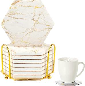 High selling <b>marble</b> <b>coaster</b> wholesale natural white stone With Gold Metal Stand design <b>coaster</b> for Table Decoration & Accessorie - Product Image 1