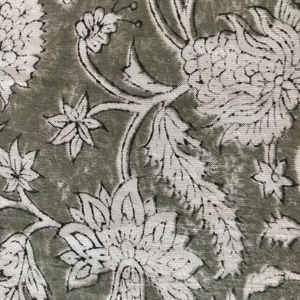 Tissu en coton imprimé à la main – Motif floral Mughal Creeper |   Vert olive avec impression blanche - Product Image 1