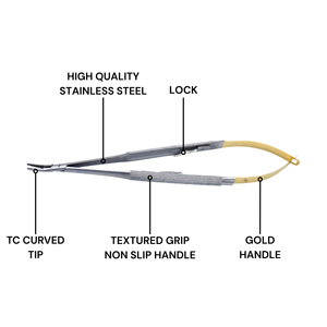 Portaagujas TC Castroviejo de 7 pulgadas, curvado, de carburo de tungsteno, instrumento microquirúrgico dental, mango dorado, manual, estriado - Product Image 6