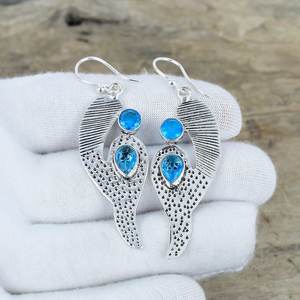 ต่างหูพลอยบลูโทแพซ เงินแท้ 925 ทำมือ สไตล์โบราณ แบบห้อยระย้า หรูหรา สำหรับของขวัญวันแม่ พร้อมใบรับรอง - Product Image 6