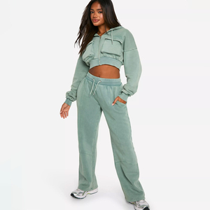 Women Cropped Hoodie and Wide Leg <b>Sweatpants</b> <b>Set</b> Two Piece Casual Athleisure Outfit - Product Image 1