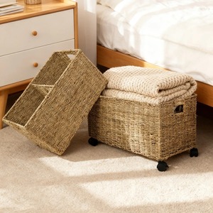 Set of 2 woven seagrass <b>baskets</b> with wheels Handmade <b>Storage</b> <b>Basket</b> Wholesale eco-friendly Made in Vietnam - Product Image 1