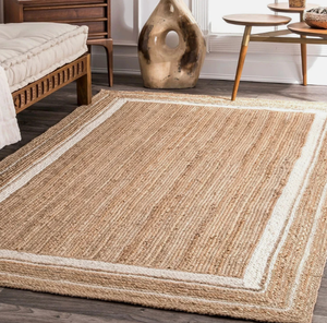 Tapis rectangulaire beige et blanc naturel, en jute naturelle pure, fait main, style rustique, pour salon, chambre, hôtel, bureau, usage commercial. - Product Image 2
