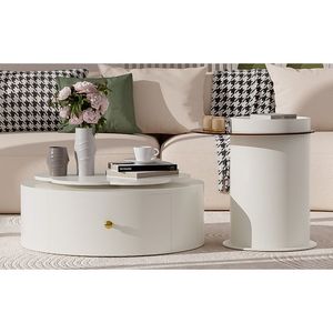 Set di 2 Tavolini da Caffè Moderni con Piano Girevole a 360 Gradi a Forma di Fiore, 2 Cassetti, Tavolino Laterale Circolare e Tavolino d'Appoggio - Product Image 5
