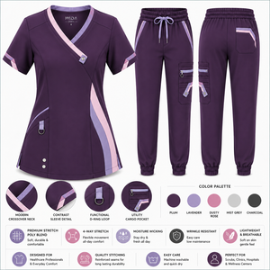 Women Nurse <b>Uniform</b> <b>Scrub</b> Set V Neck Medical Workwear Short Sleeve Knitted Polyester/Cotton with Cargo Pants - Product Image 1
