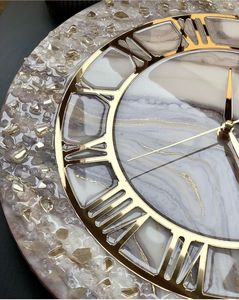 <b>Marble</b> Look Resin Wall <b>Clock</b> Round Single Face Needle Display Antique Style Decorative Timepiece for Living Room - Product Image 2