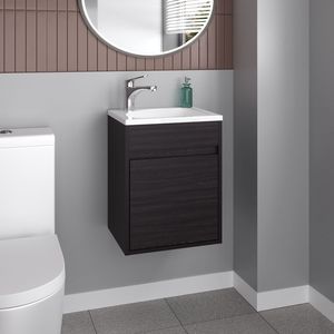 Tocador de baño Furman de una sola puerta con estante abierto, armario base de fregadero flotante compacto, negro, para espacios pequeños - Product Image 1