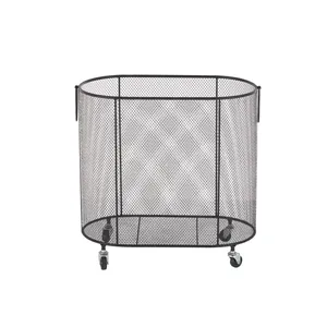 Metal Wire <b>Basket</b> Organizer Wheels Durable <b>Storage</b> Container for Kitchen Essentials <b>Mesh</b> Design Black Color Wooden Handle - Product Image 1