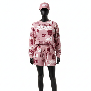 Ensemble de survêtement court en molleton 100 % coton de haute qualité pour femme, 280 GSM, imprimé sur toute la surface, avec logo personnalisé - Product Image 6