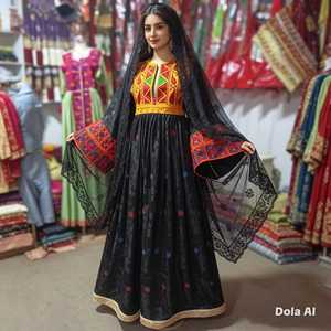 Green Embroidered Chiffon Long Sleeve Maxi <b>Dress</b> Women Vintage India <b>Pakistani</b> Ethnic Wedding Wear Cotton Loose Fit Flared Hem - Product Image 5