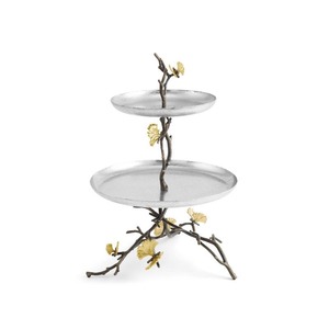 Two-<b>Tier</b> Round Serving Tray With Branch <b>Stand</b> And Gold Leaves Metal Dessert Display Oriental Style - Product Image 1
