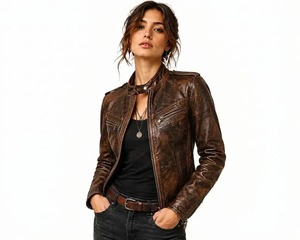 Chaqueta de cuero vintage, chaqueta de motociclista de cuero envejecido, chaqueta de cuero de cordero auténtico para mujer - Product Image 3