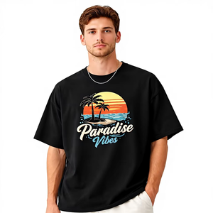 T-shirt graphique noir oversize pour homme Paradise Vibes, imprimé plage estival, en coton, streetwear décontracté, coupe ample, avec logo personnalisé - Product Image 1