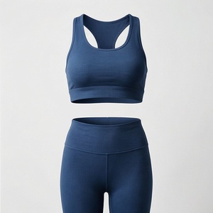 <b>Women</b> <b>Navy</b> Blue Ribbed Racerback Sports Bra High Waist <b>Leggings</b> 2 Piece Yoga Set - Product Image 1