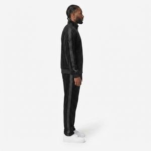 Pantalon droit unisexe en velours polyester noir avec taille élastique et broderie de bande latérale pour streetwear, étiquette personnalisée OEM - Product Image 3
