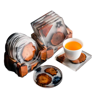 Hot Sale <b>Square</b> Round Design Tea Coffee Cup Wood Resin Coaster With Holder <b>Set</b> - Product Image 4
