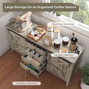 59\" Gray Wash Farmhouse Buffet Cabinet <b>Sideboard</b> with Thick Top 2 Barn Doors 4 Drawers 2 Adjustable Shelves for Villa Dining - Product Image 4