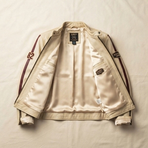 Chaqueta de cuero beige para hombre, estilo motero, con gráfico de carreras Midnight Tokyo, parche bordado, cuello alto, abrigo personalizado, ropa exterior Darkry - Product Image 5