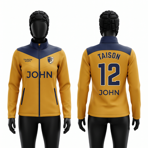 Veste d'entraînement pour équipe de rugby féminine, 280 GSM, polyester interlock premium, panneau contrastant or, noir, gris, logo personnalisé - Product Image 4