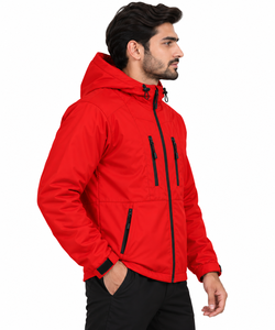Men's <b>Red</b> <b>Hooded</b> Waterproof Knitted Winter <b>Jacket</b> Full Sleeve Solid Color Zipper Closure Casual Style Regular Fit Midweight - Product Image 3