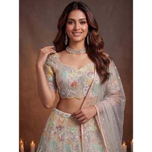 Ensemble Lehenga Choli en sequins blanc cassé brillant pour femmes grandes tailles - Product Image 2