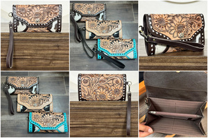 Western Style Handcrafted Tooled Leather Wristlet Wallet for Women Multiple Compartments Clutch <b>Purse</b> Cowhide Card Holder Wallet - Product Image 3