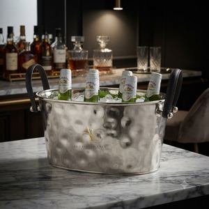 Luxury Hammered Stainless Steel Oval <b>Ice</b> Bucket With Dark Leather Handles Party Wine Beer Beverage Tub For Wedding & Party - Product Image 1