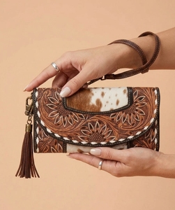 Cow Pattern Sunflower Clutch <b>Wallet</b> <b>Leather</b> Look Foldover Checkbook Case with Tassel for Women - Product Image 5