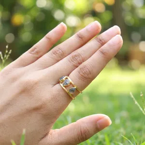 Anillo Ajustable de Moda para Mujer con Gema Natural de Ágata Musgosa en Forma de Pera, Chapado en Oro de 18k, Latón Antideslustre, Joyería Más Vendida - Product Image 2