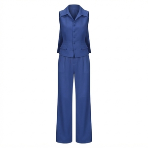 Women's Sleeveless <b>Blazer</b> <b>Set</b> With Turn-down Collar And Wide Leg Pants Loose Fit Spring Summer Minimalist Style - Product Image 6