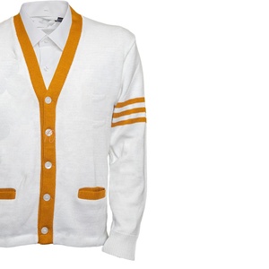 University Fraternities <b>Men</b> wholesale <b>Knitted</b> <b>Cardigan</b> Sweater White Gold Mustard Varsity V-Neck OEM Striped Sleeve sweater - Product Image 5