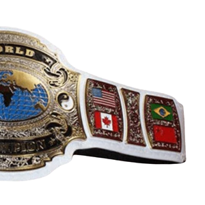 Ceinture de champion du monde avec drapeaux internationaux Mexique, États-Unis, Canada, Royaume-Uni, Brésil, Japon, design plaqué or, sangles noires - Product Image 4