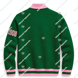 Nouveau cardigan vert et rose pour femme, style preppy, avec lettres brodées 1908, manches longues, col cranté, simple boutonnage - Product Image 2