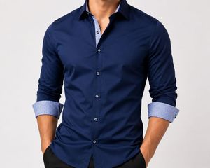 Men's Custom Shirt Full Sleeve Breathable Polyester/Cotton Stand Collar Horn <b>Button</b> Eco-Friendly Casual Uniform OEM ODM Solid - Product Image 2