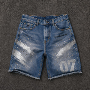 Pantalones Cortos Vaqueros Y2K de Pierna Ancha con Detalles de Pedrería y Efecto Pincel, Venta al por Mayor con MOQ Bajo - Product Image 1