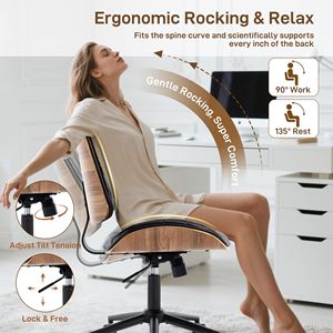 Sedia da Ufficio Girevole Moderna in Noce con Schienale in Legno Curvato e Rivestimento in Pelle PU, Senza Braccioli, Altezza Regolabile e Ruote per Scrivanie Piccole - Product Image 4