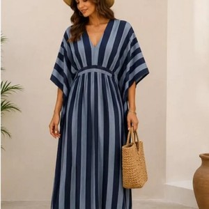 Robes Kimono Décontractées Longues à Rayures Col V pour Femmes, Douces, Respirantes, Tissées, Tenue d'Intérieur d'Automne, Taille Élastique Trois Quarts - Product Image 2