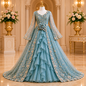 Vestido de Noche Largo Color Borgoña, Estilo Baile de Graduación, con Mangas Largas, Apliques Florales con Cuentas y Volantes, para Bodas y Banquetes - Product Image 3