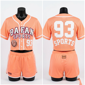 Womens 180 GSM Soft Polyester Sleeveless T Shirt and Shorts Set <b>Peach</b> Mesh Fabric Custom Logo Sleeveless T Shirt Shorts Set - Product Image 4