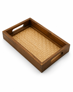 Plateau de service rectangulaire en bambou fait main avec poignées - Product Image 1