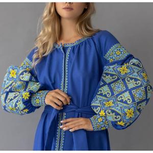Vestido Boho Bordado de Ucrania para Mujer, Azul y Amarillo, Cintura Natural, Casual, 100% Algodón - Product Image 6