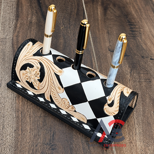 Rustic Western Style Genuine Leather <b>Pen</b> <b>Organizer</b> Hand Carved Floral and Diamond Checker Pattern <b>Pen</b> Holder for Corporate Gifts - Product Image 1