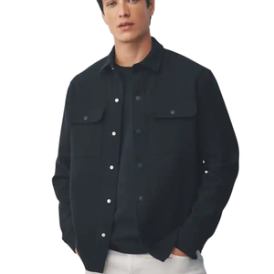 Chemise-veste décontractée pour homme en jersey noir sergé, à boutons sur le devant, manches longues, avec poches poitrine, légère, nouvelle collection. - Product Image 1